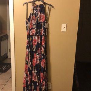 Navy/ Coral/Tan Maxi floral print dress